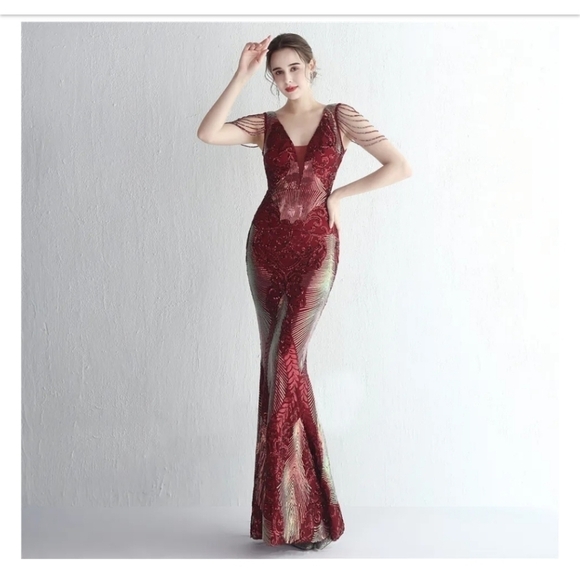 WIne Red, Floral, Sleeveless, Round Back, V Neck, Sequined Mermaid Gown - Picture 7 of 16